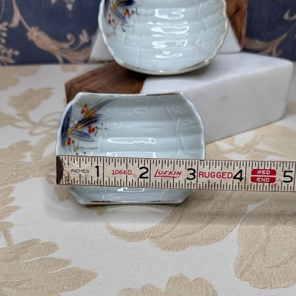Vintage Pair Japanese Painted Butter Dish Y.Y Lobster Logo Yonemoto Store Hawaii